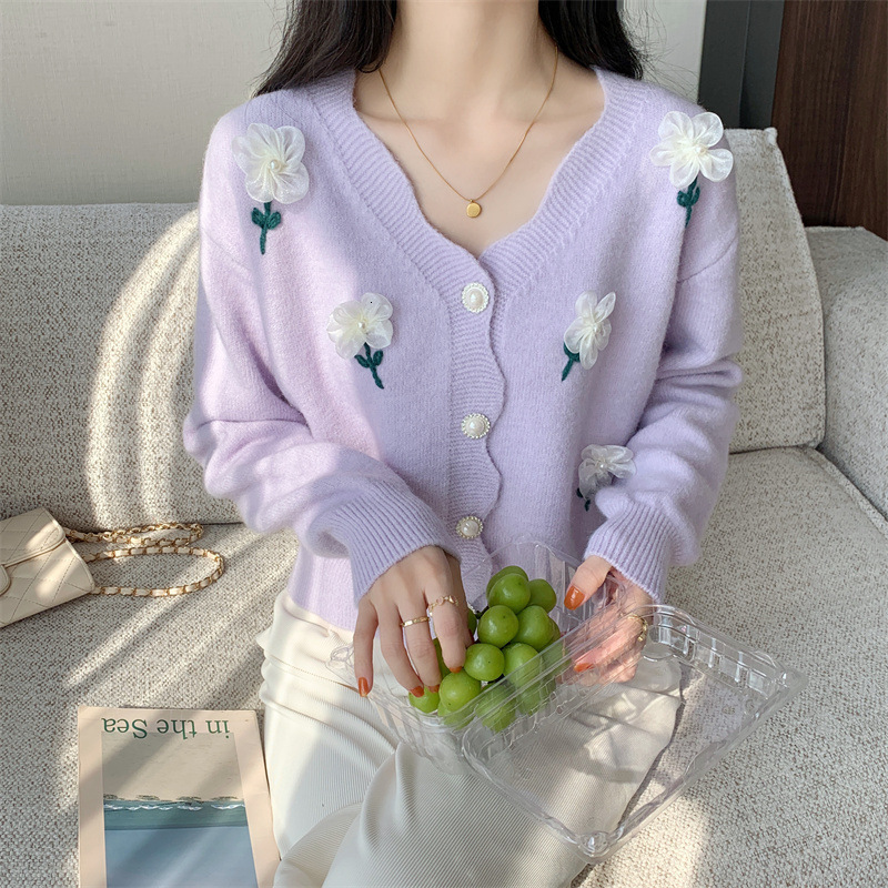 Autumn And Winter New Soft Glutinous College Style Small Sweater Jacket Women Korean Three Dimensional Flower Knitted Cardigan For Women F1028#40