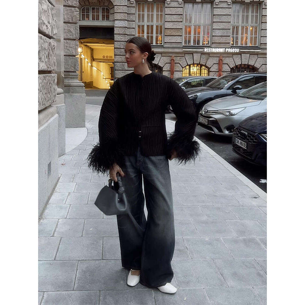 Fashion Feather Spliced Lace Up Solid Cardigan For Women Elegant 0-Neck Long Sleeve Oversized Sweater 2024 Lady High Streetwear