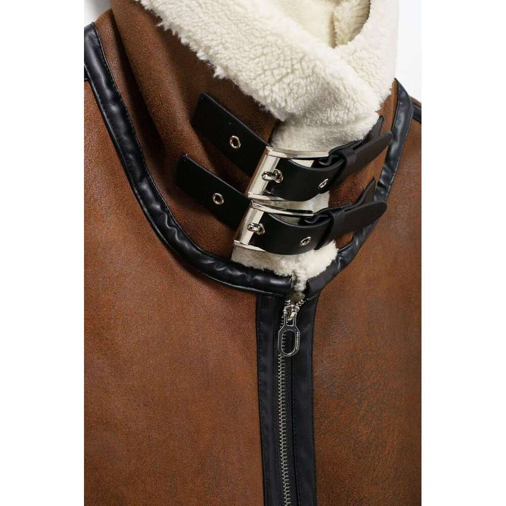 TRAFZA Vintage Fall Winter Fleece Women's Lapel Zipper Pocket New 2024 Fashion Casual Elegant Retro Vest