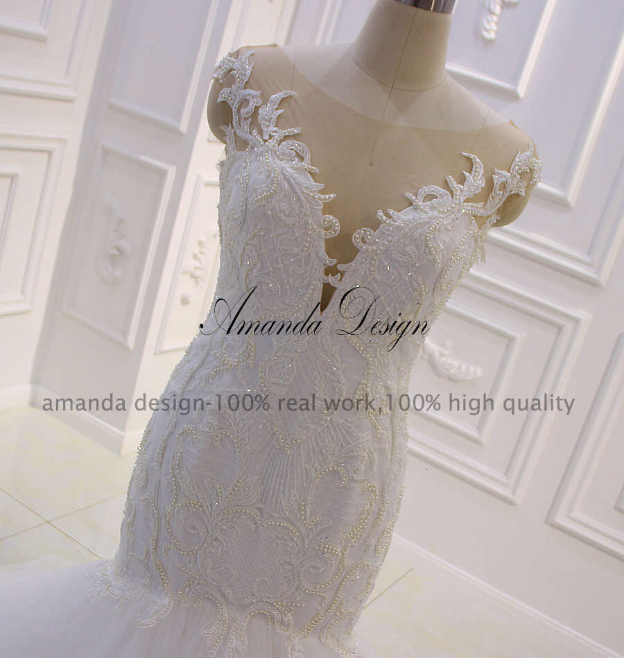 Amanda Design vestido novia playa Cap Sleeve Lace Appliqued Pearls Mermaid Wedding Dress