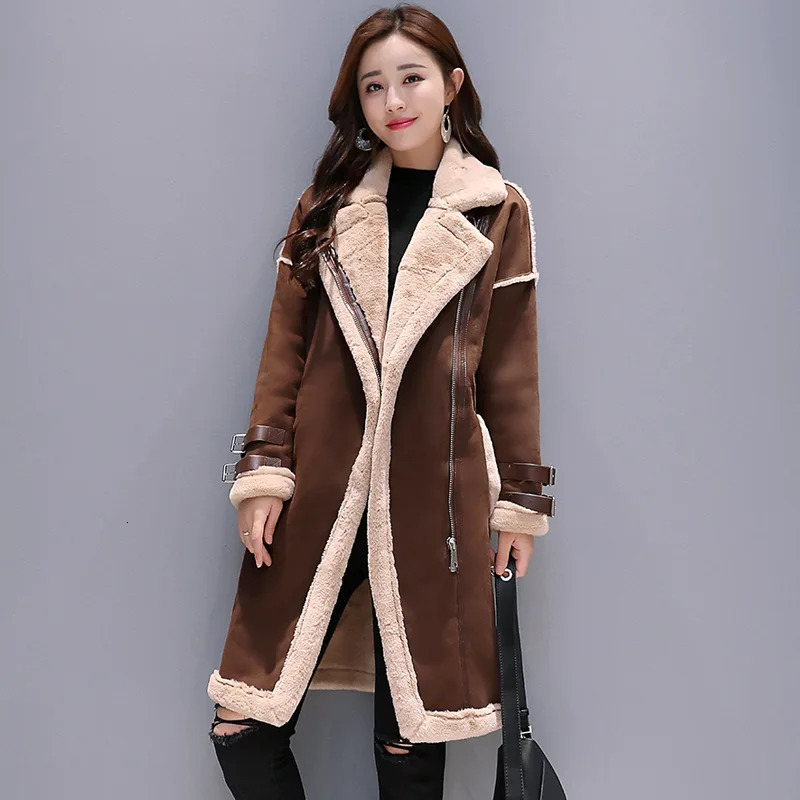 Womens suede fur coat warm and fashionable long trench coat jacket synthetic sheepskin coat autumn and winter F0102 cashmere 2 choices 241025