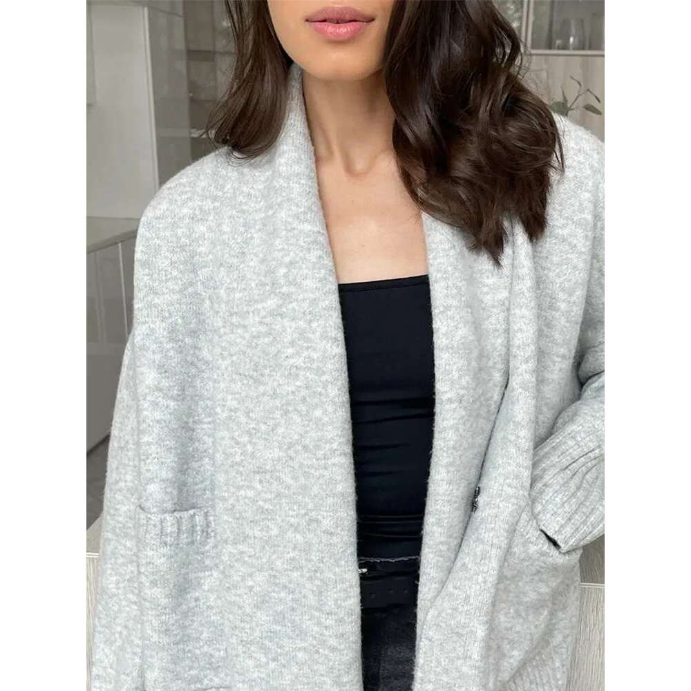 Elegant Solid Scarf Collar Knitted Cardigan Women Chic Full Sleeve With Pocket Loose Sweater New Autumn Lady Casual Street Wear
