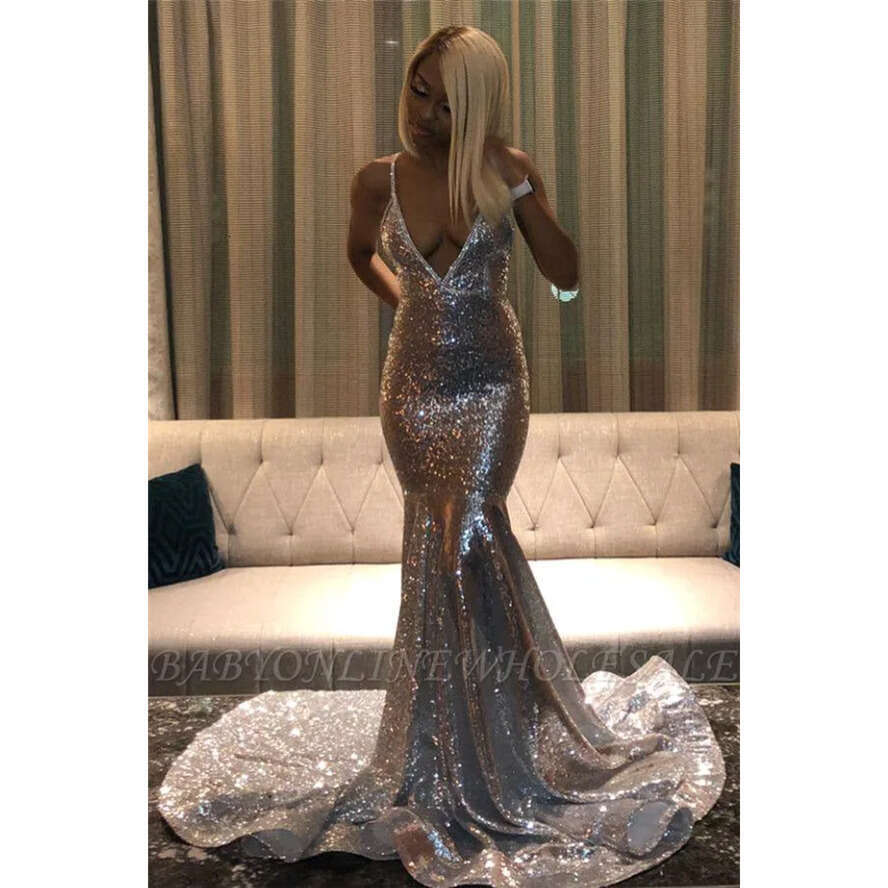 Prom Dresses Sier Sequins Sexy Deep V Neck Mermaid Vintage African Black Girls Formal Evening Party Gowns Cheap Long Dress