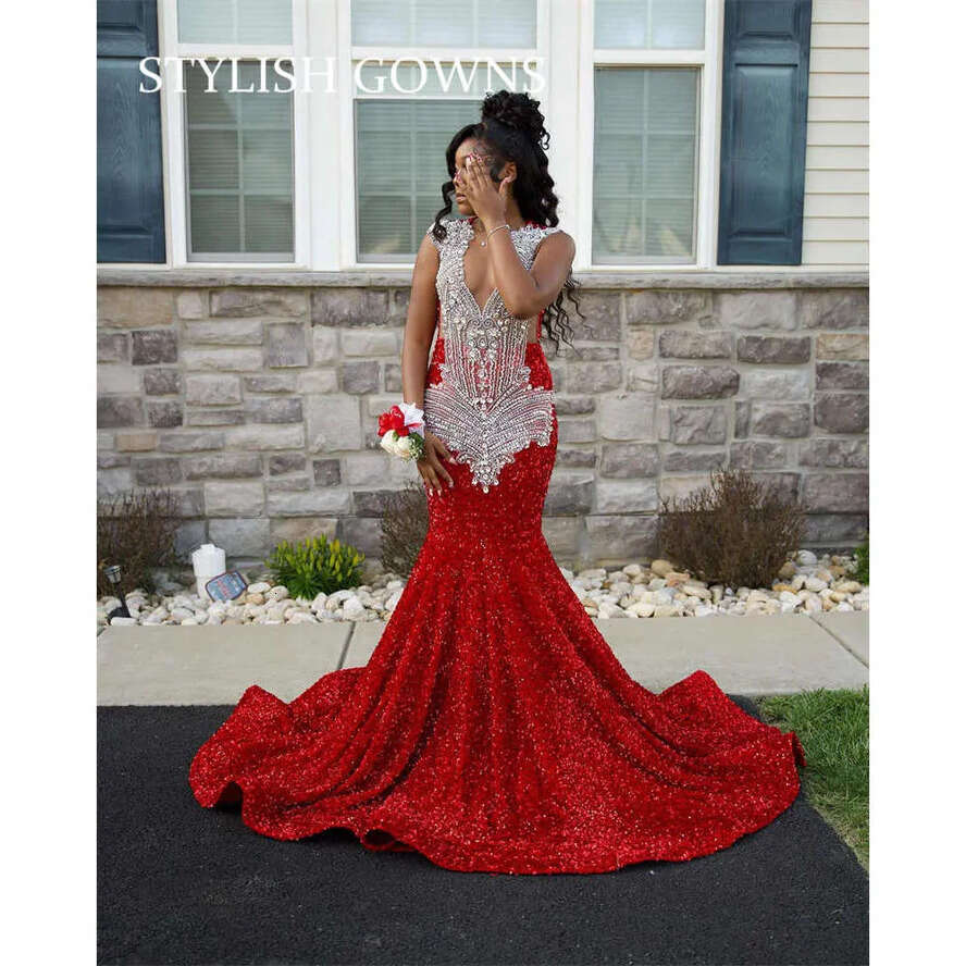 Red Sheer O Neck Long Prom Dress For Black Girls Beaded Crystal Rhie Birthday Party Gowns Sequined Evening Dresses Robe De 0914 0218
