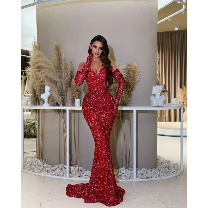 Mermaid Evening Gown Sweetheart Sequins Party Prom Dresses Sleeves Sweep Train Formal Long Dress For Red Carpet Special Ocn 0515