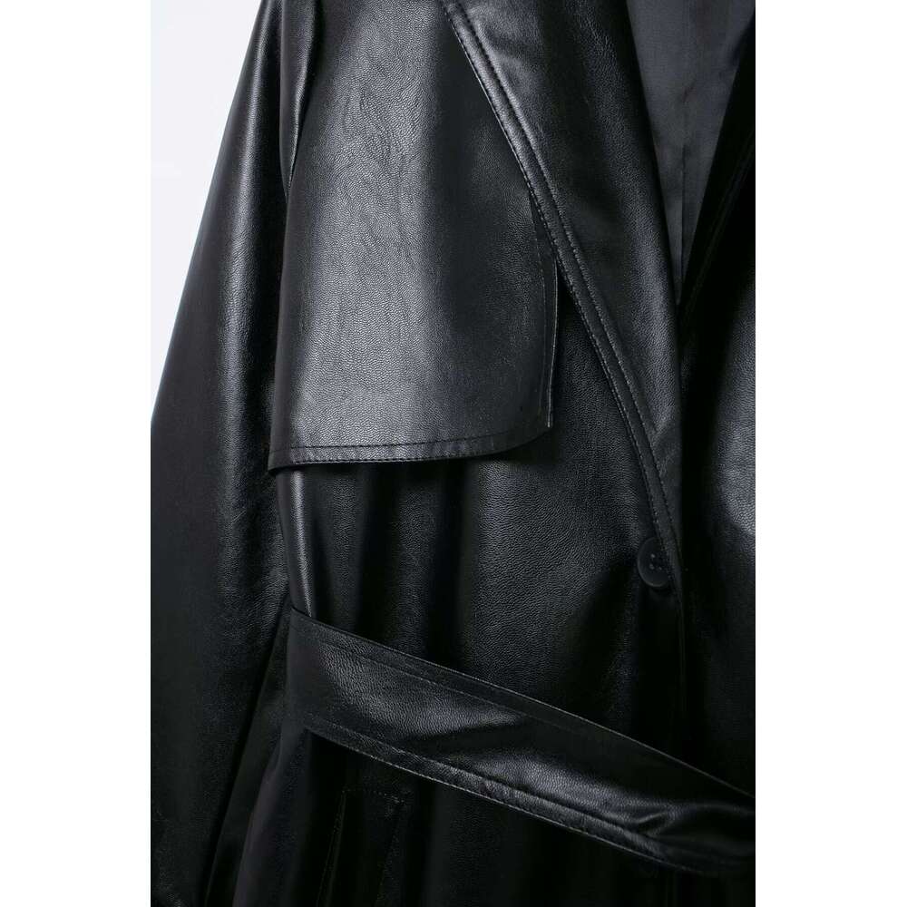 TRAFZA Women Fashion PU Trench Lapel Classic Solid Long With Belt New 2024 Fall High Street Leather Coat