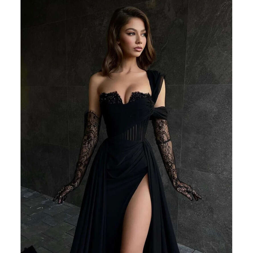 Lace Black Evening Bateau Neck Half Sleeves Formal Party Prom Dress Beads Sequins Decor Dresses For Special Ocns With Slit