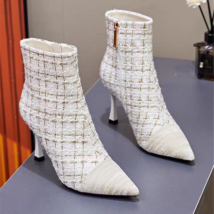 Women's Fashion Boots:High Heel Trendy Design Winter Stylish Wear Pointed Toe Gentle Style,Black/Beige,Free shipping