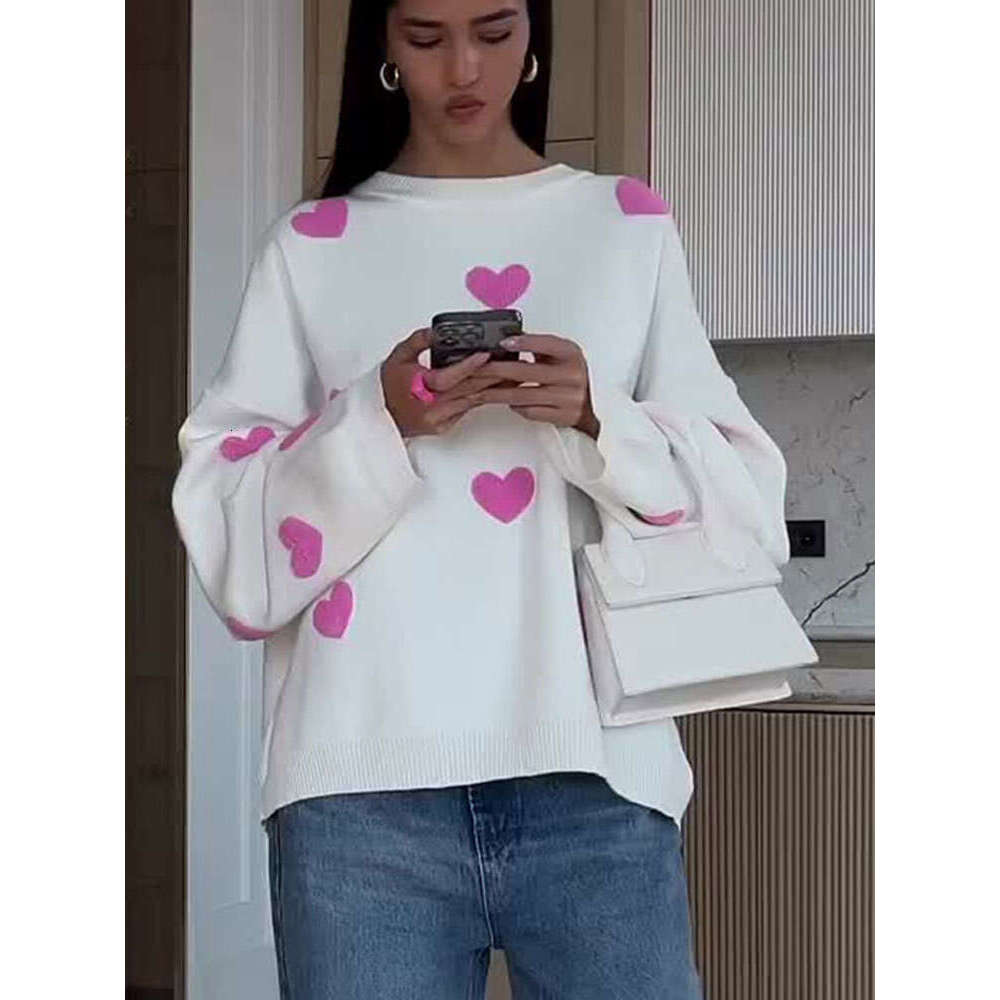 Fashion Chic Printed Heart Knitted Pullover Women Casual Round Neck Long Sleeve Loose Sweater Autumn New Female Commuting Jumper