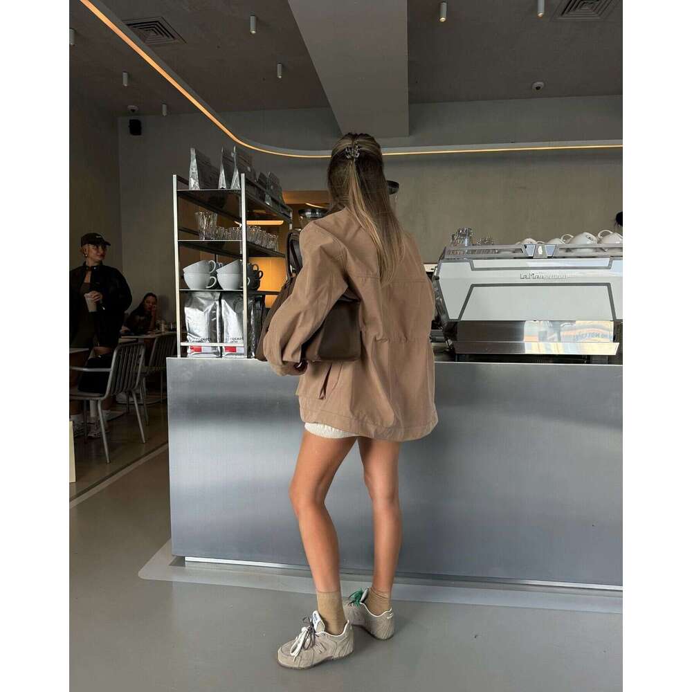TRAFZA Women Lapel Contrasting Color Jacket Fall Winter High Street Zipper Pocket New 2024 Fashion Casual Classic Coat
