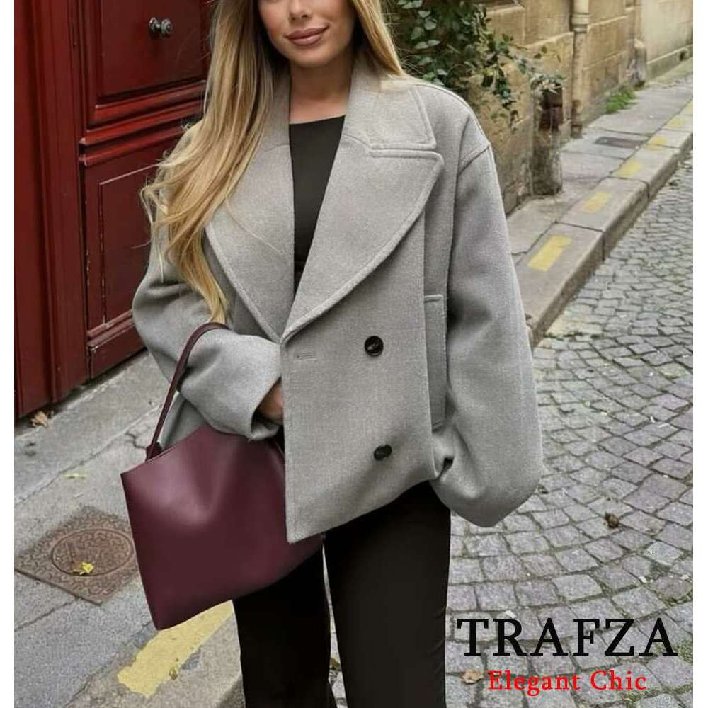 TRAFZA Women Fashion Soft Tweed Lapel Double-Breasted Elegant Blazer New 2024 Spring Fall Classic Commuter Casual Coat