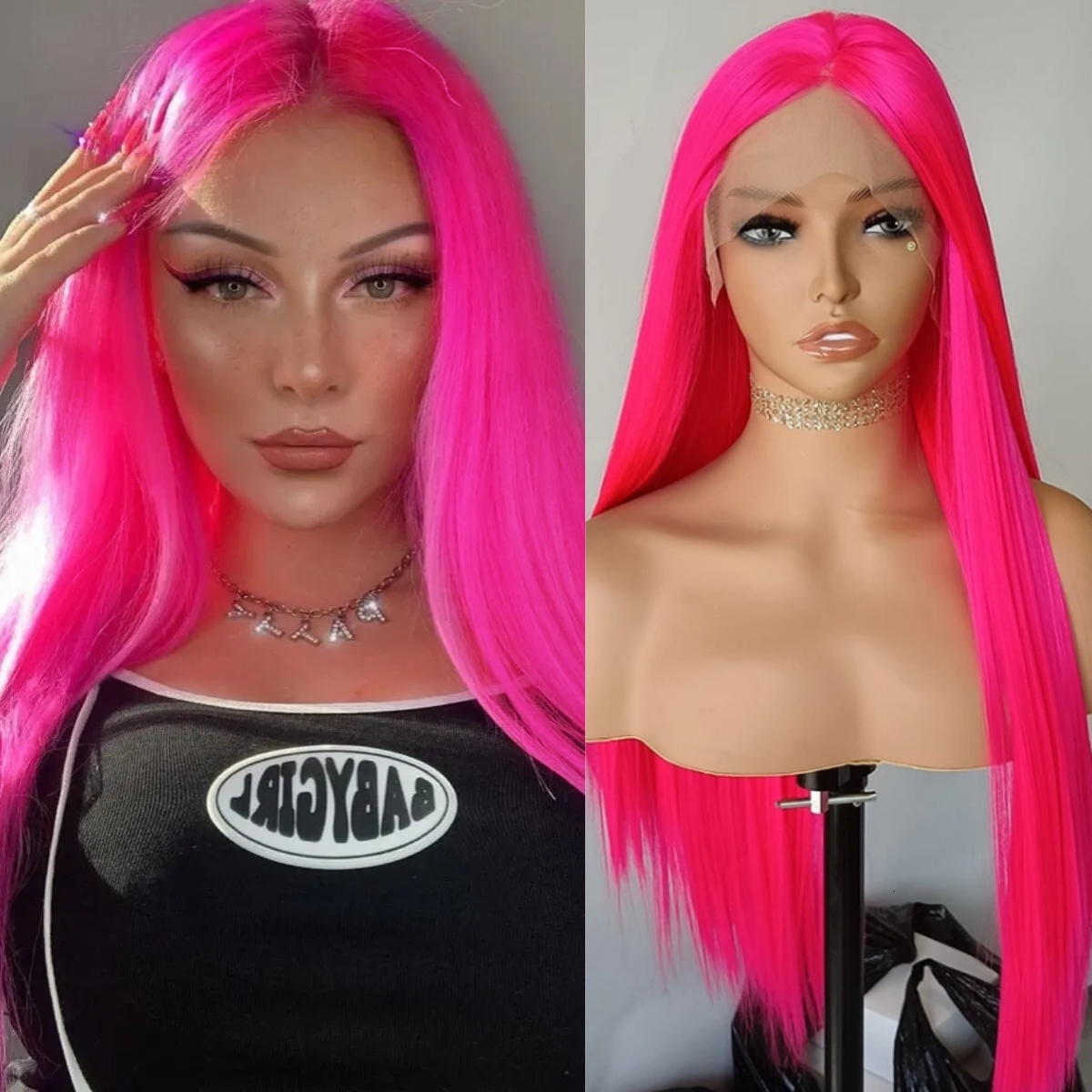 RDY Hot Pink Front Wig Long Straight Hair Frontal Rose Red Synthetic Lace Wigs for Women Daily Glueless Natural Haire