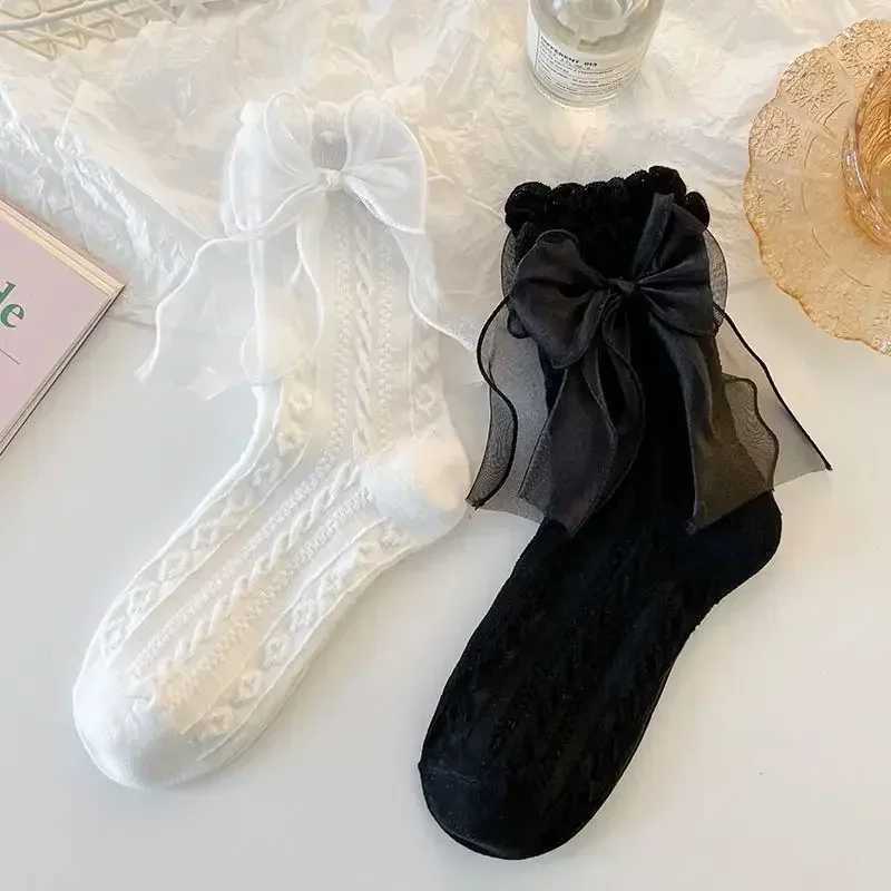 Medium tube solid lace bow ruffle Kaii Lolita short cotton JK Japanese lace work socks womens long socks W241028