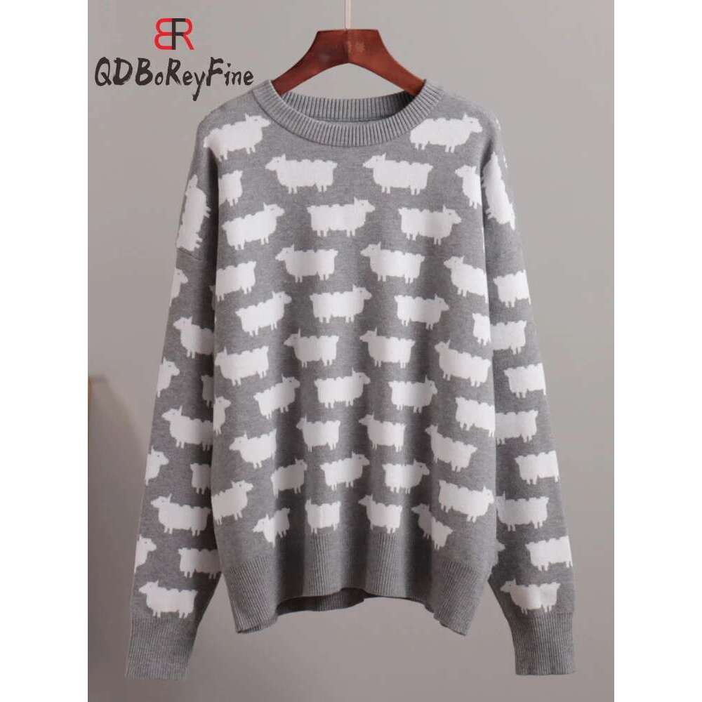 Women's Oversize Sweater Winter Autumn Animal Printed O-Neck Casual Jumpers Knitted Long Sleeve Tops Loose Office Pullovers 2024