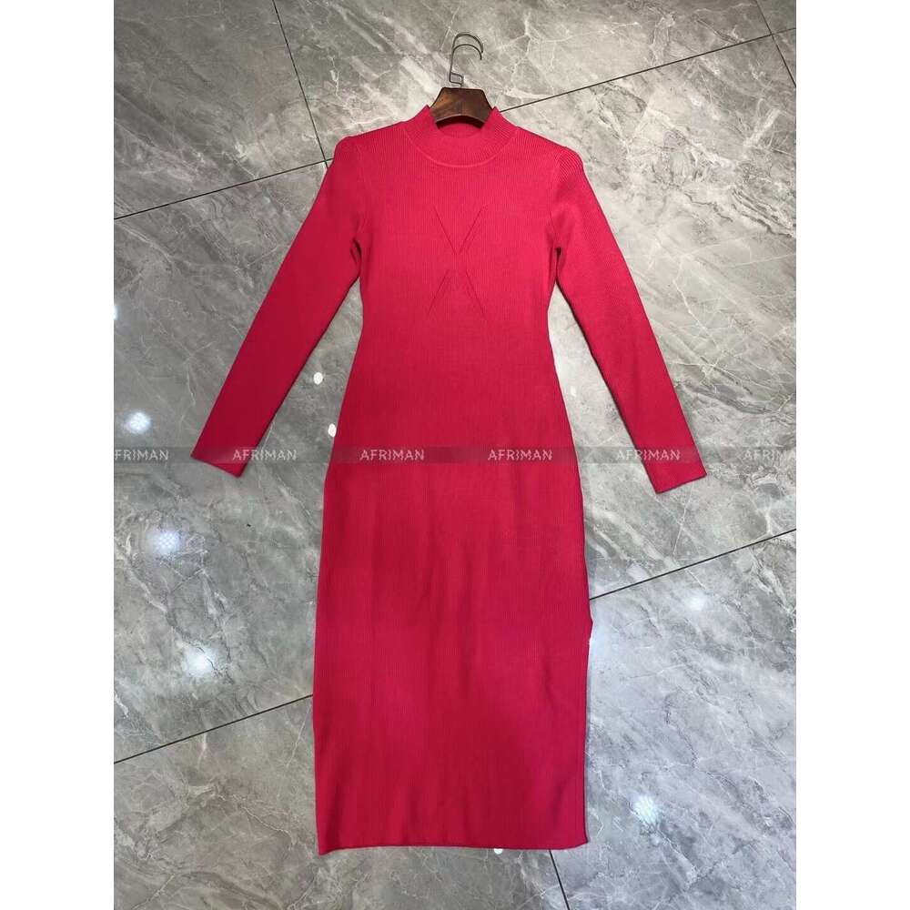 Women Ribbed Turnleneck Long Sleeve Knitted Step Midi Dress