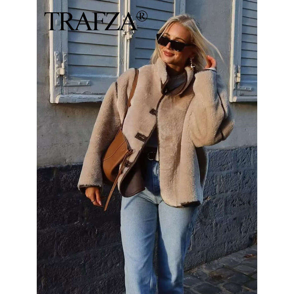 TRAFZA Autumn Fashion Women Fleece Coat Turtleneck Single Breasted Long Sleeve Jacket Winter Warm Female Casual Loose Outerwear