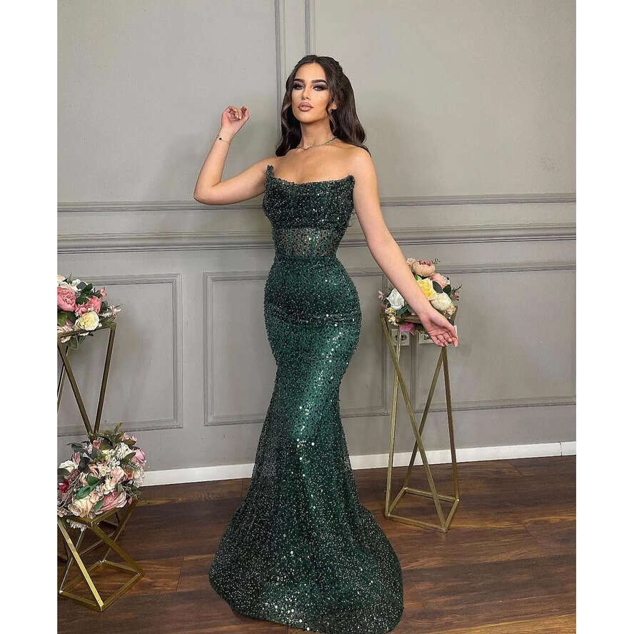 Dark Green Mermaid Evening Elegant Black Girl Illusion Strapless Pearls Sequins Glitter Prom Dress Long Dresses For Special Ocns 0515