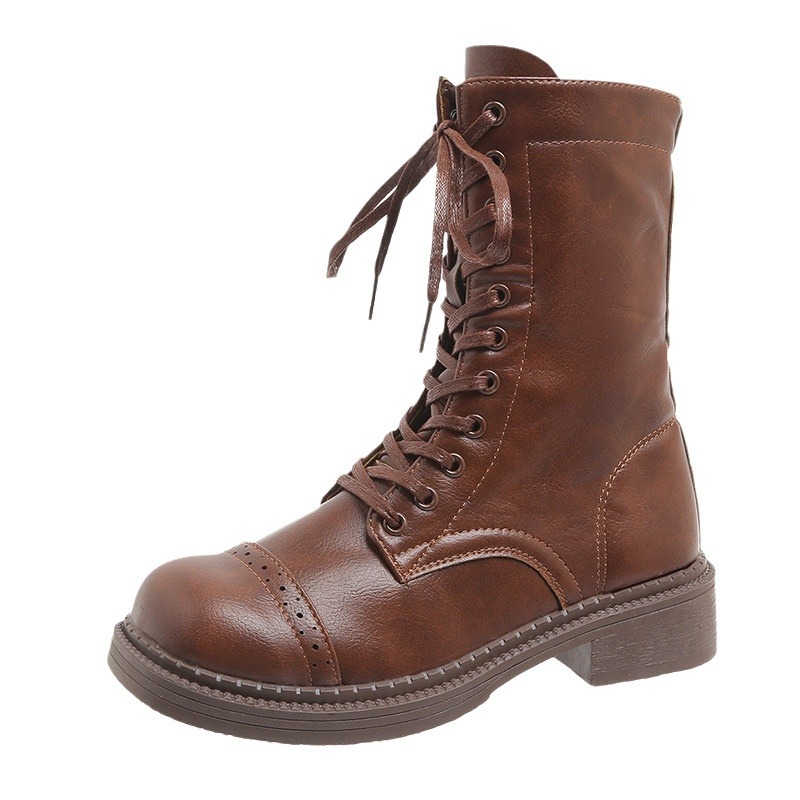 Women Fashion Boots:Retro Style Thick Sole High Heel Increase Height Martin Boots Winter British Style Round Toe,Black/Brown,Free shipping