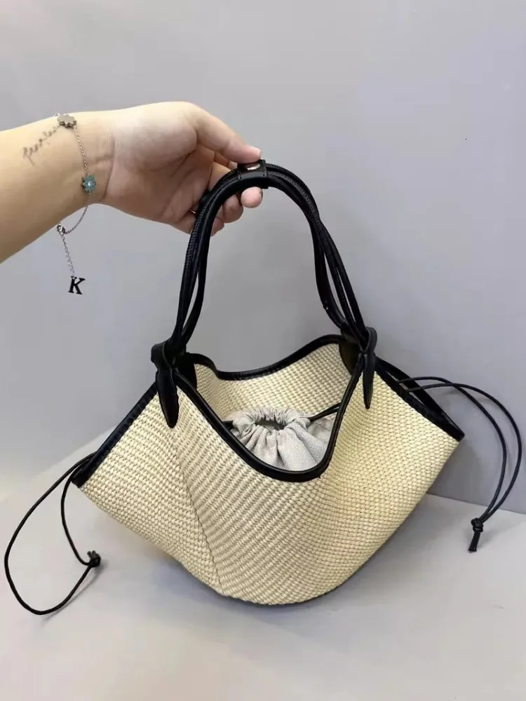 ner Women Summer Holiday Straw Bag Vintage Bucket Shoulder Bags Cow Leather Spliced Beach Casual Handbag 241021