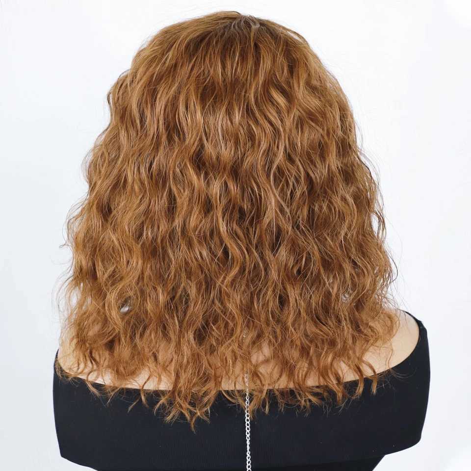 Big fluffy brown mixed blonde bob curly wig without glue with fringe bangs honey curly bob wig side part pre picked M241028