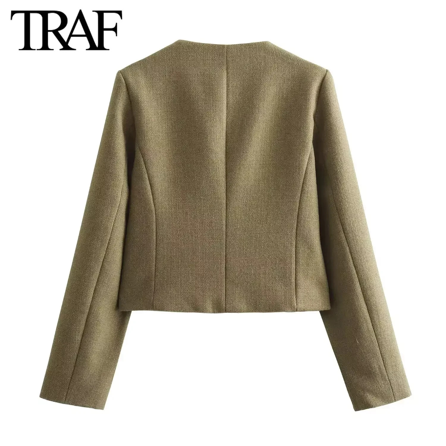 TRAF Women Fashion Autumn Winter Singlebreasted Textured Round Neck Flip Pocket Short Jacket Coat Chic Ladies Tops Mujer 241024