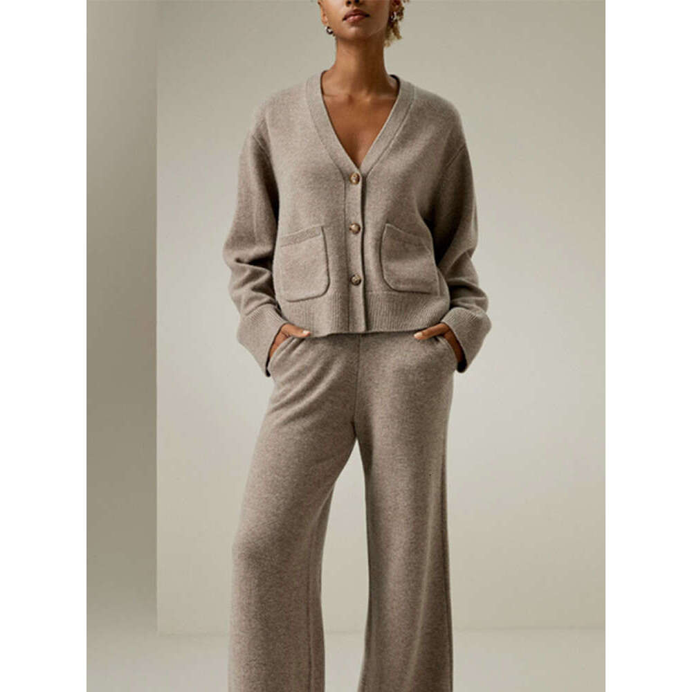2024 New Chic V-Neck Buttons Cardigan Sets With Pockets Women's Solid Knitted Wide Long Pants Suit Lady Daily Streetwear Autumn