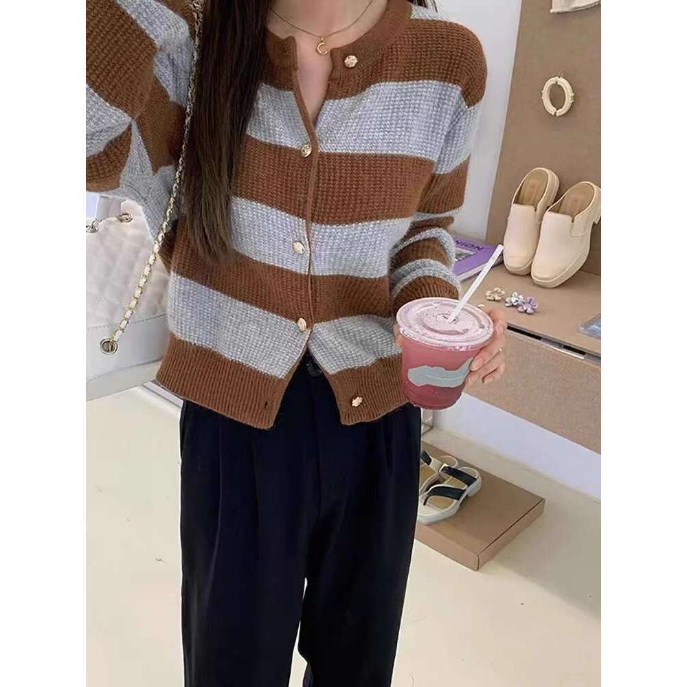 Classic Striped Shirt ~100 Pure Woolen Sweater Autumn Crewneck Cardigan Blouse Korean Cashmere Coat Slimming Knit