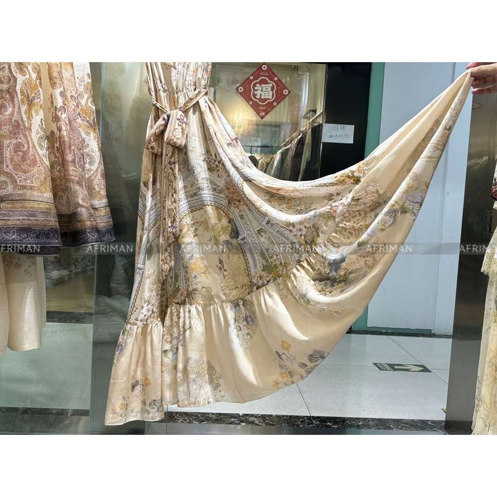 Women Ribbon Bow Collar Heavy Beaded Retro Wer Print Sleeveless Waistband Long Silk Dress