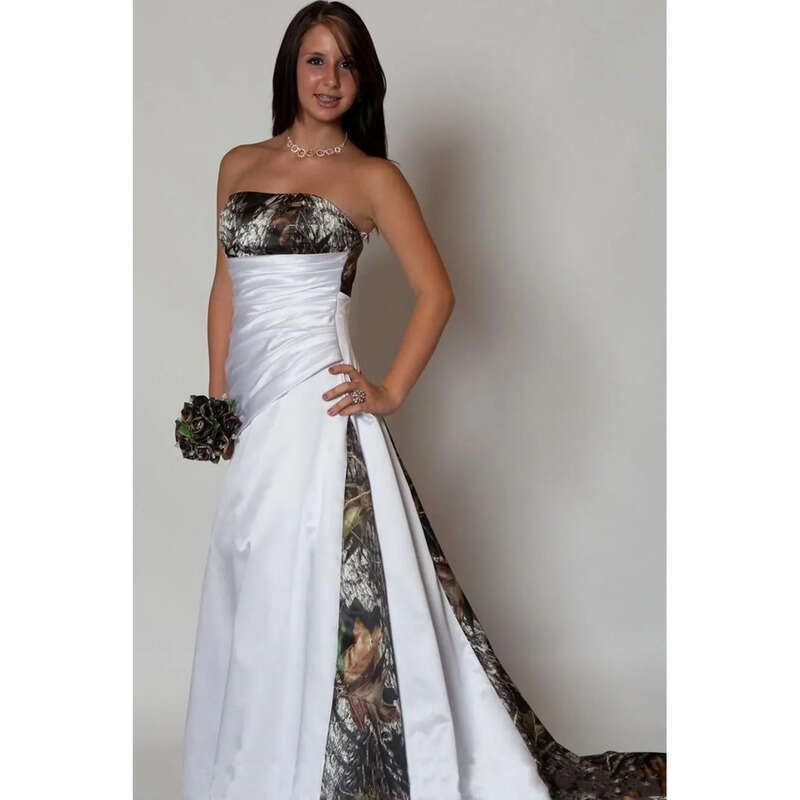 A-E Wedding Arrival Country Camo Dresses With Pleats Empire Waist A E Sweep Train Camouflage Strapless Corset Bodice Bridal Gowns