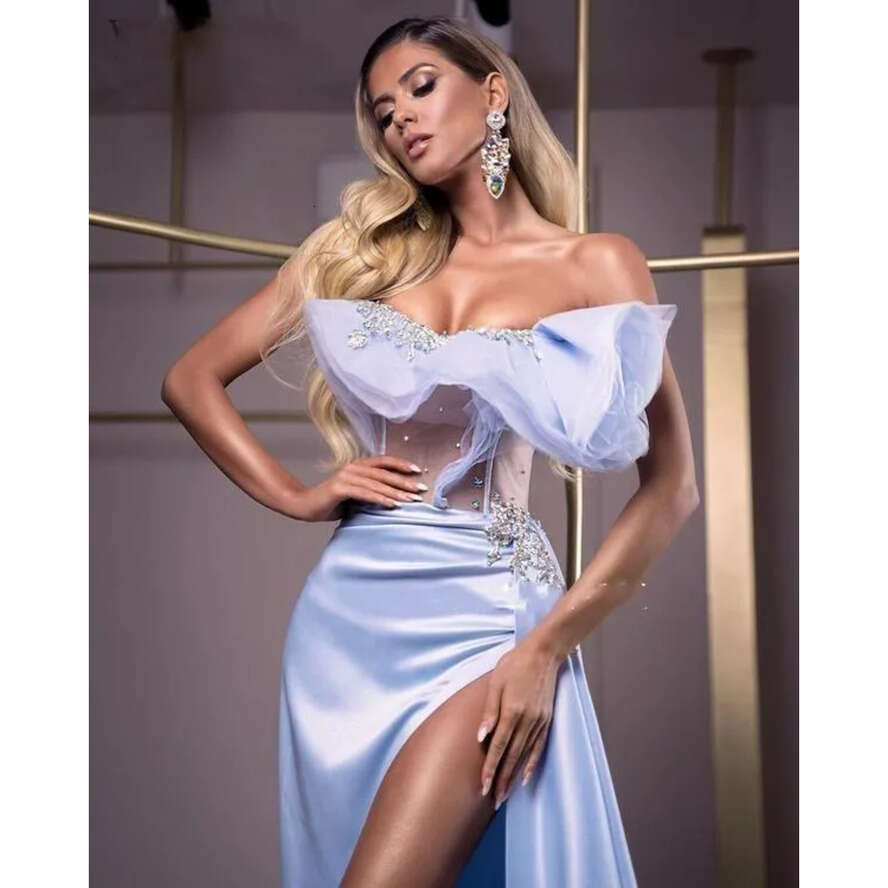 2022 New Year Lavender Mermaid Evening Dresses Off Shoulder Thigh-High Slits Sweep Train Ruffles Illusion Formal See Through Prom Party Gowns Celebrit
