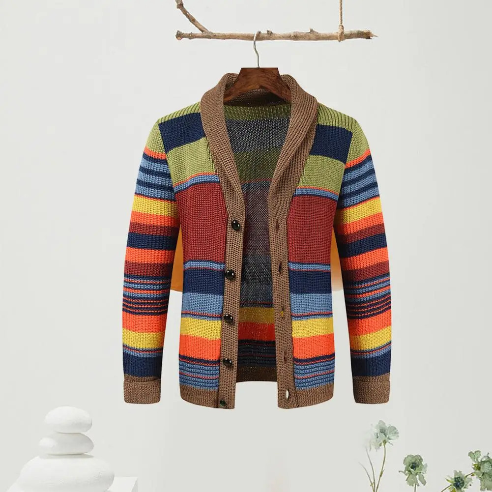 Men Outerwear Sweater Stylish Mens Knitted Color Matching Striped Cardigan Fall Winter Coat with Casual Buttons 241024
