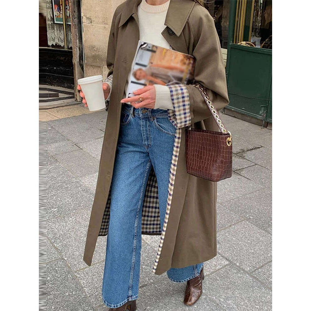 Women's long windbreaker loose collar single breasted coat autumn long sleeved women's retro women's jacket windbreaker coat, street dr