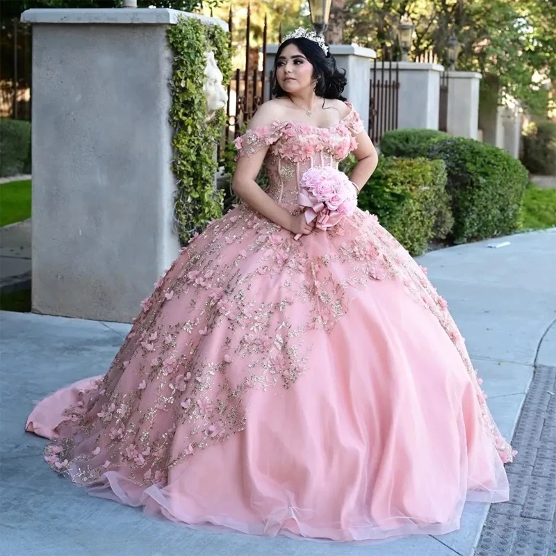 Pink Sweetheart Ball Gown Quinceanera Dresses Sweet 16 Dress Off The Shoulder Gold Sequin Applique Lace Tull Birthday Party Princess Gowns