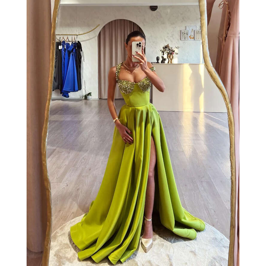 Elegant Green Prom Dresses A E Sequins Straps Evening Pleats Split Formal Long Special Ocn Party Dress 0515
