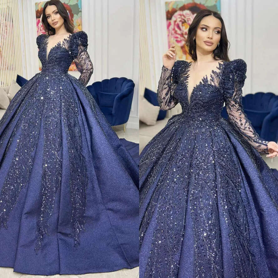 Navy Blue Muslim Evening Dresses Elegant Sheer V Neck Long Sleeves Ball Gown Turkish Kaftan Dress Crystal Beaded Ruffle Formal Gowns For Women 0516