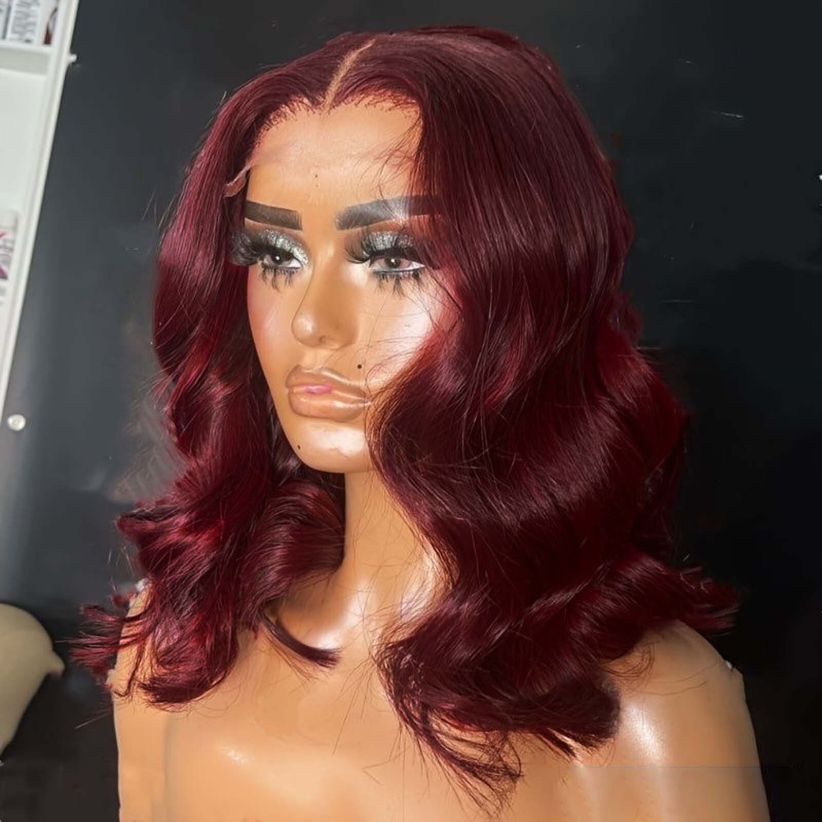 Short Bury Wigs for Women Synthetic Hair Shoulder Length Bob Curly Wavy Dark Colored 13X4 Frontal Red Lace Front Wig