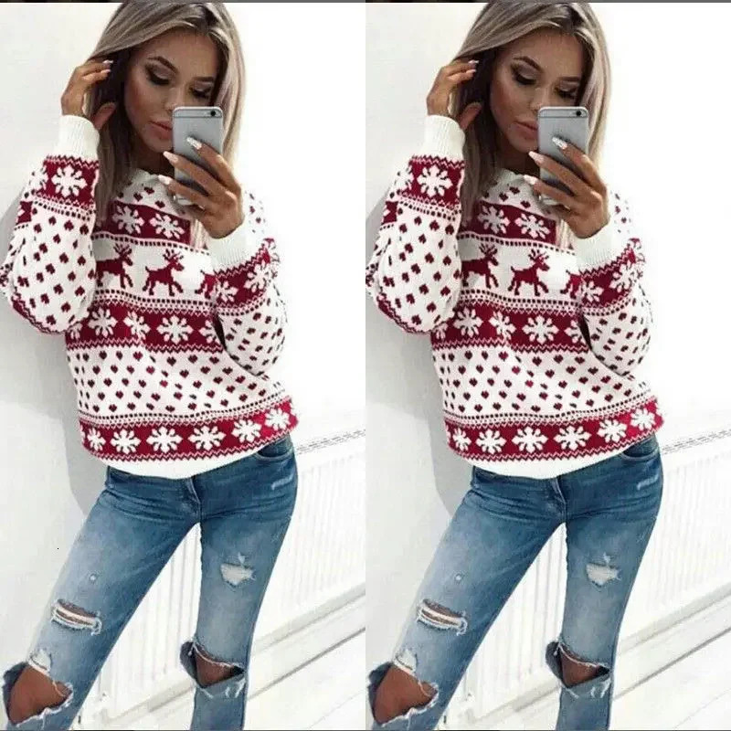 Fashion Womens Christmas Cartoon Deer Print Long Sleeve Round Neck Hoodie 241025