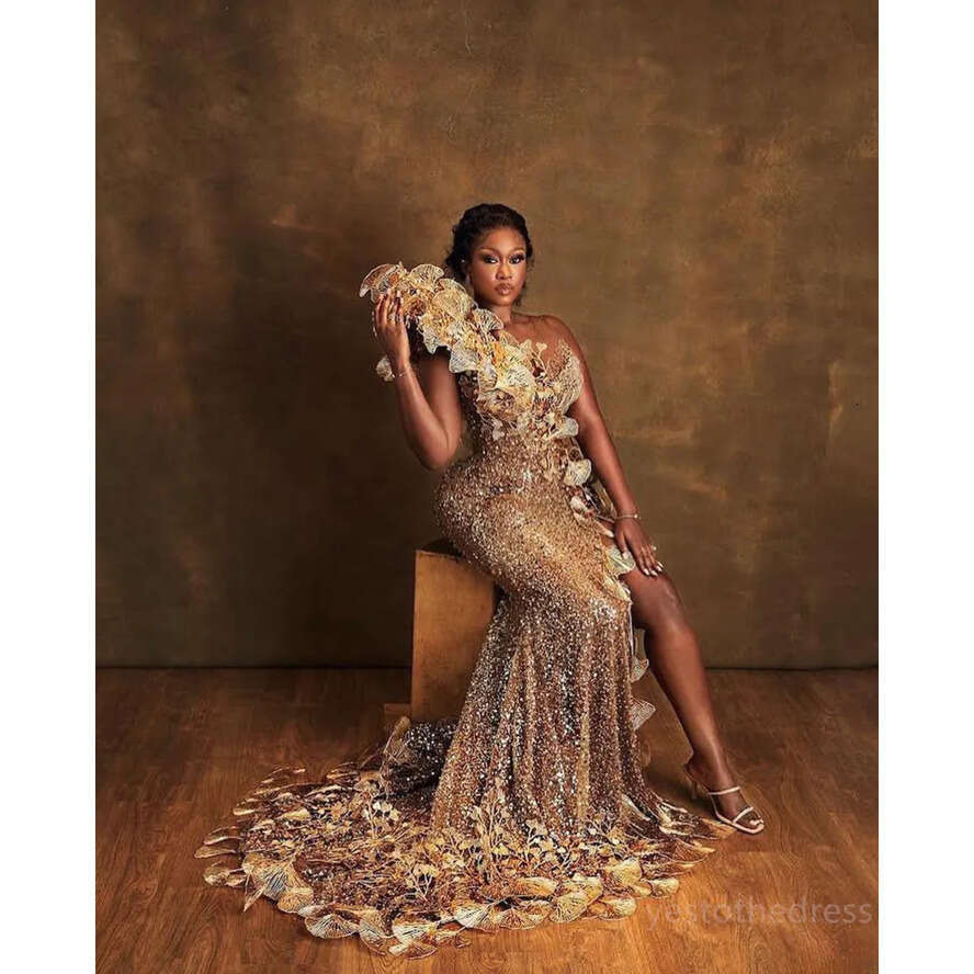 2024 Gold Plus Size Aso Ebi Prom Dresses For Black Women Evening Sequined Lace Mermaid Sexy Side Split Birthday Party Dress Reception Engagement Gowns