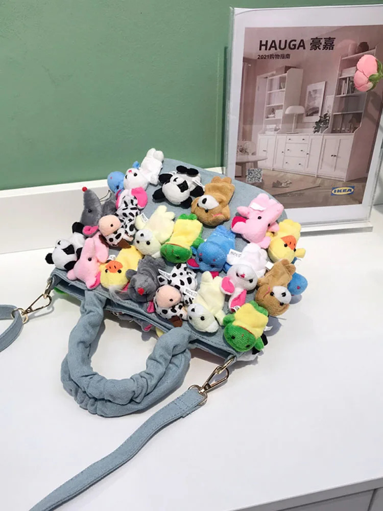 Women Kawaii Bucket Fashion Crossbody Bags Cartoon Decoration Denim Handbags Casual Ladies Single Shoulder 241021