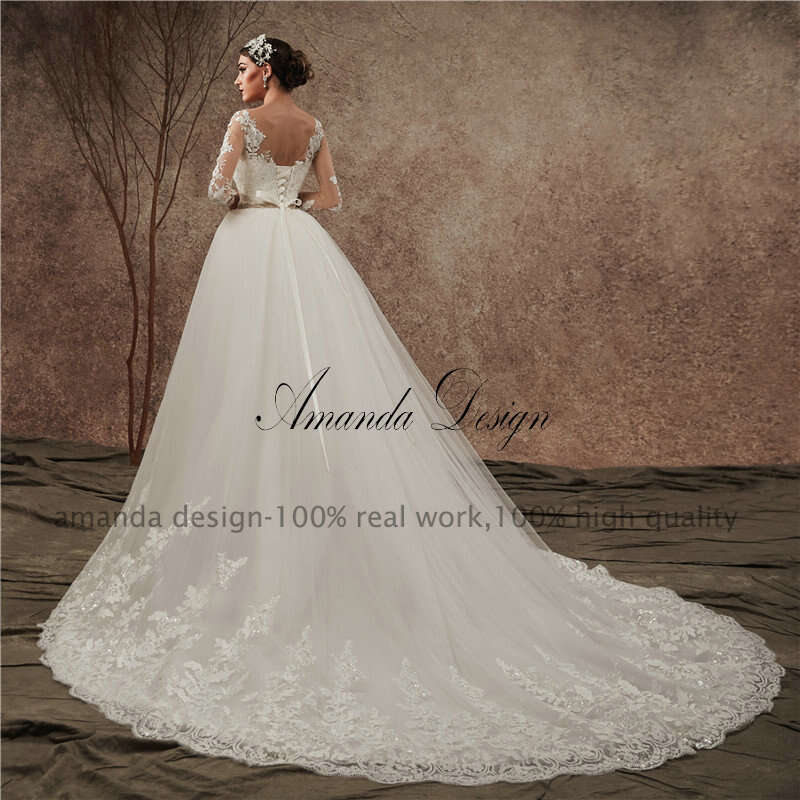 Amanda Design nikah elbiseleri Long Sleeve Lace Applique Mermaid Wedding Dress with Detachable Skirt