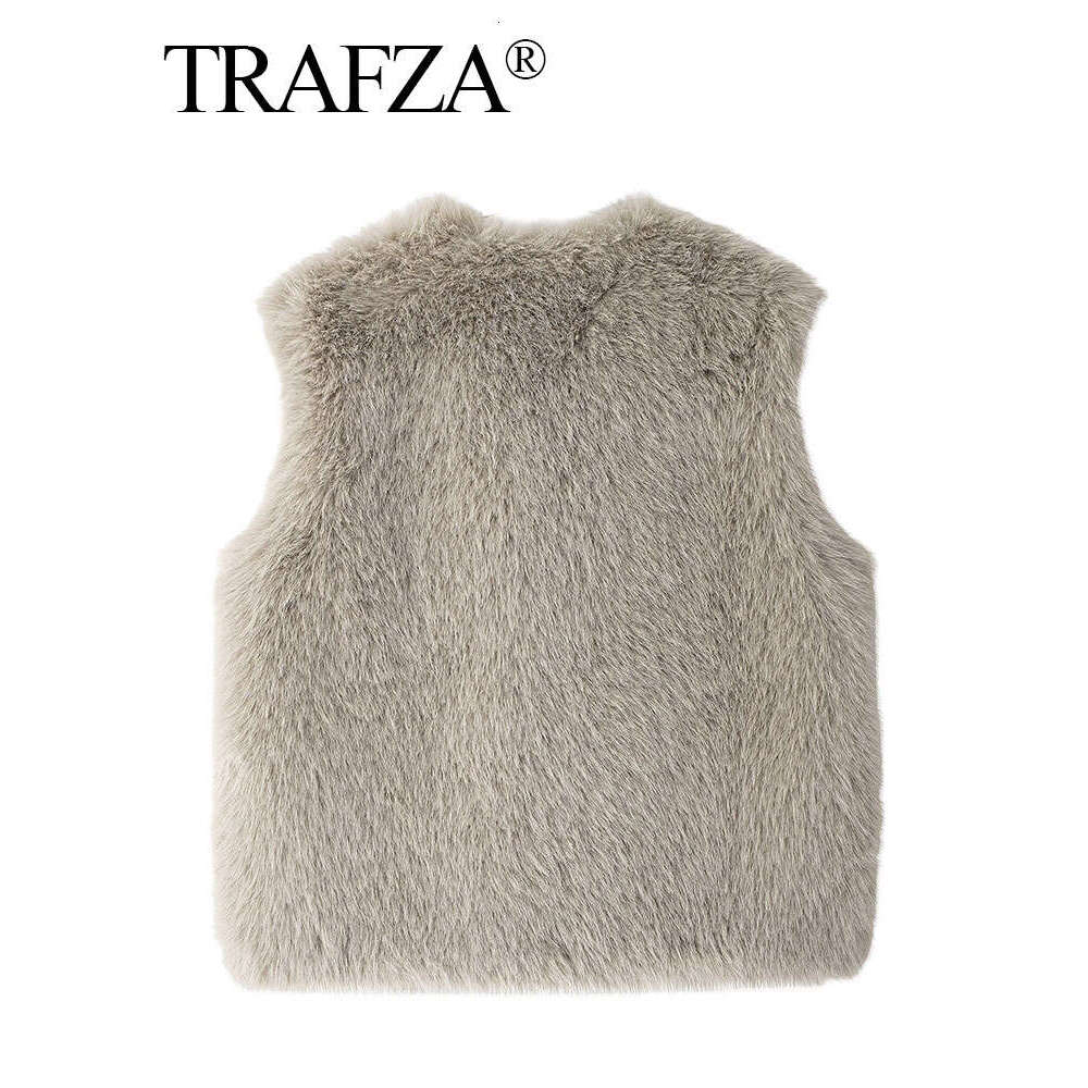 TRAFZA Autumn Women Faux Fur Soft Vest Coat Vintage Solid O Neck Waistcoats Female 2024 Fashion Y2k High Street Outerwear Top