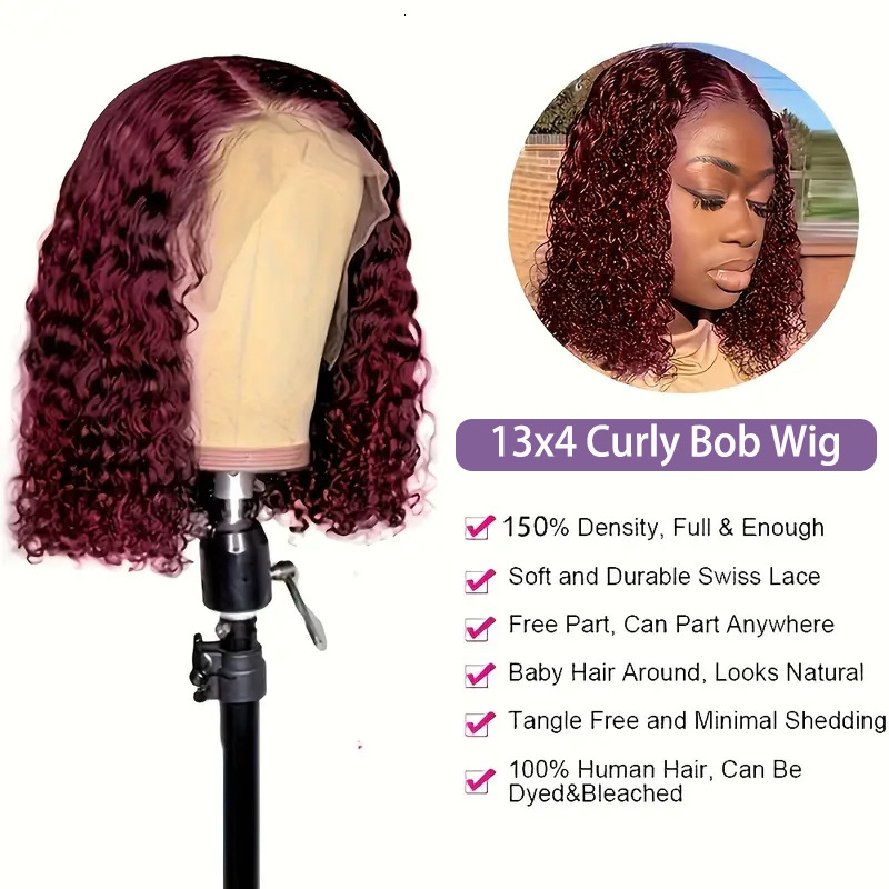 99J Red Colored Wave 13x4 Bury Bob HD Lace Front Human Hair Wigs For Women Short Deep wave