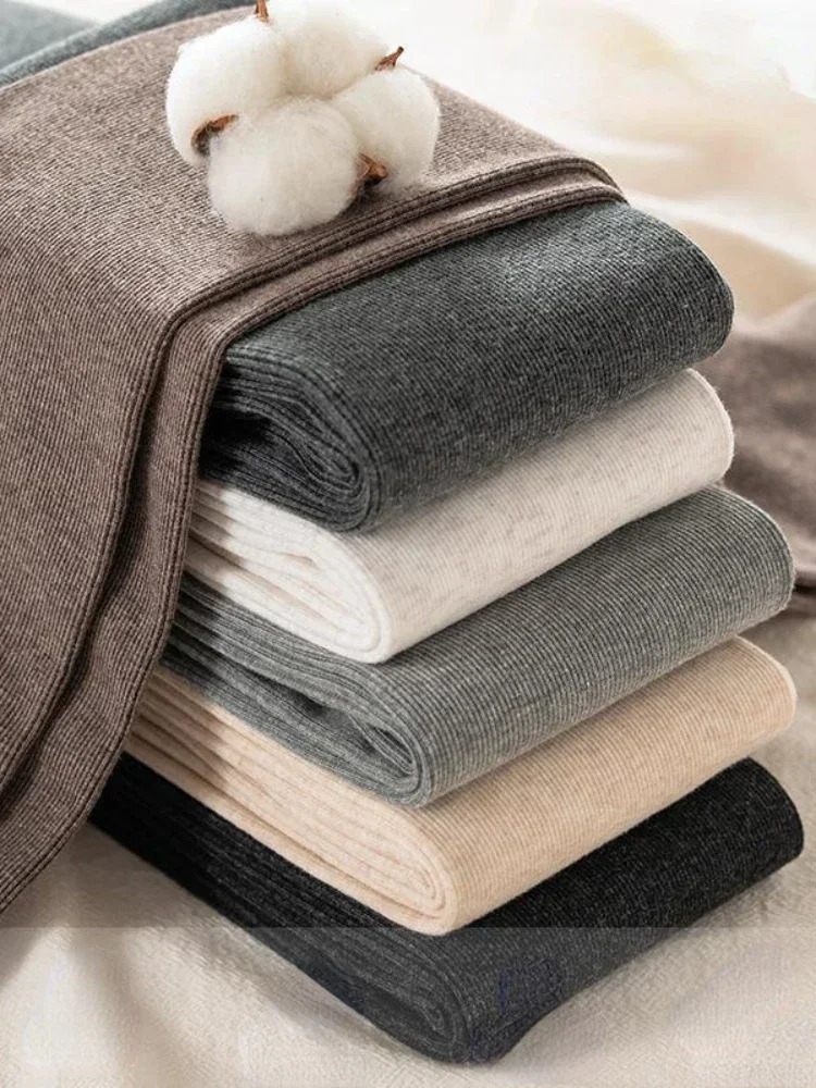 Winter Warm Leg Womens Vertical Striped Casual Pants Thick Plush Cotton High Elasticity Solid High Waist Winter Pants 241028