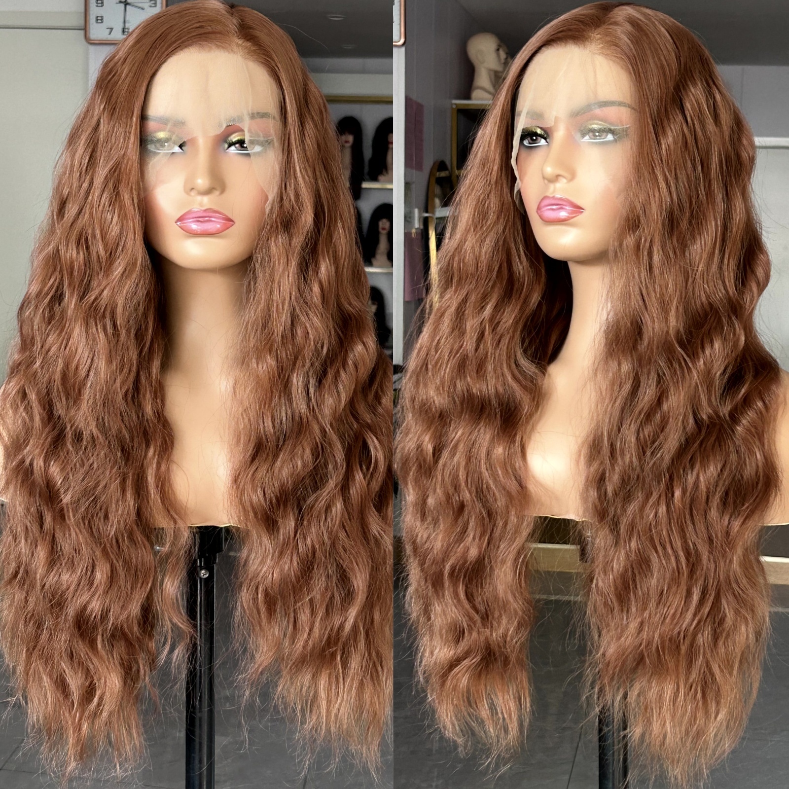 Ginger Brown Deep Wave Synthetic Lace Front Wig Natural Wavy Long Curly Auburn Colored Hair 13X4 Frontal Wigs for Women