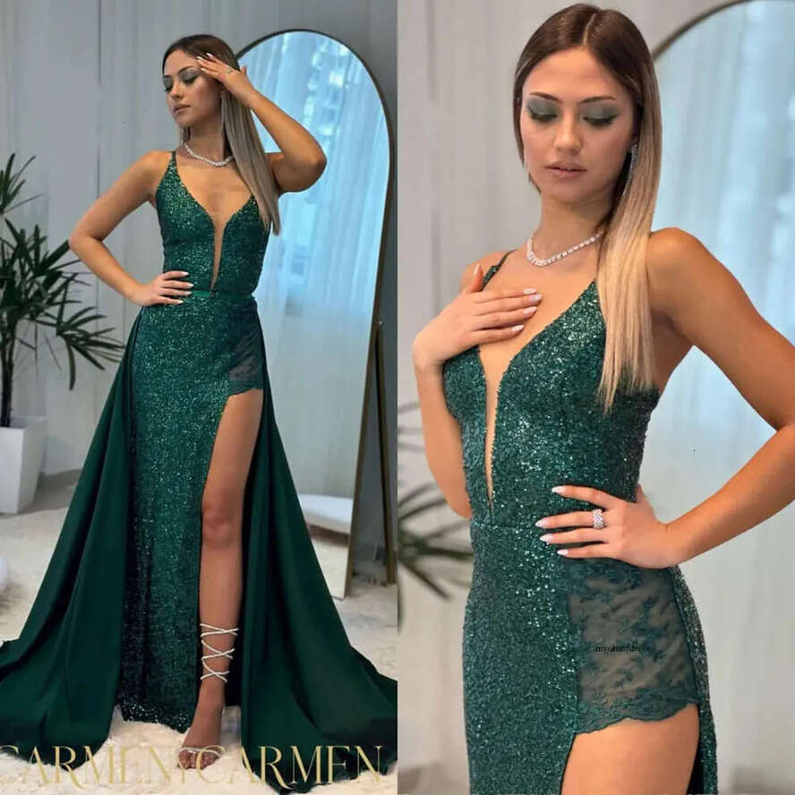 Green Dark Prom Dress High Split Evening Elegant Detachable Overskirt Glitter Sequins Illusion Lace Party Dresses For Special Ocns
