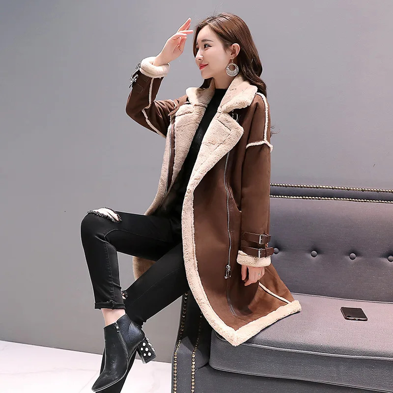 Womens suede fur coat warm and fashionable long trench coat jacket synthetic sheepskin coat autumn and winter F0102 cashmere 2 choices 241025