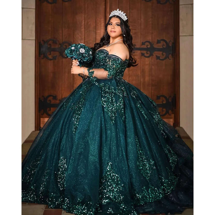 Green Shiny Ball Gown Quinceanera Dresses 15 Party Glitter Tulle Appliques Sequined Formal Masquerade Cinderella Birthday Gowns Vestidos De Fiesta 052