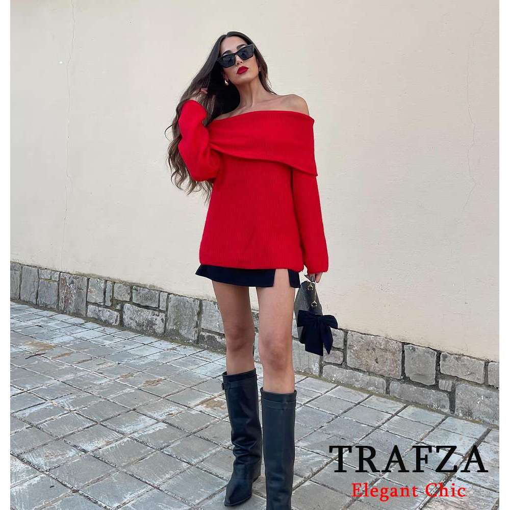 TRAFZA Women Knitted Straight Shoulder Off-Shoulder Boat Neck New 2024 Spring Fall Sexy Elegant Sweater