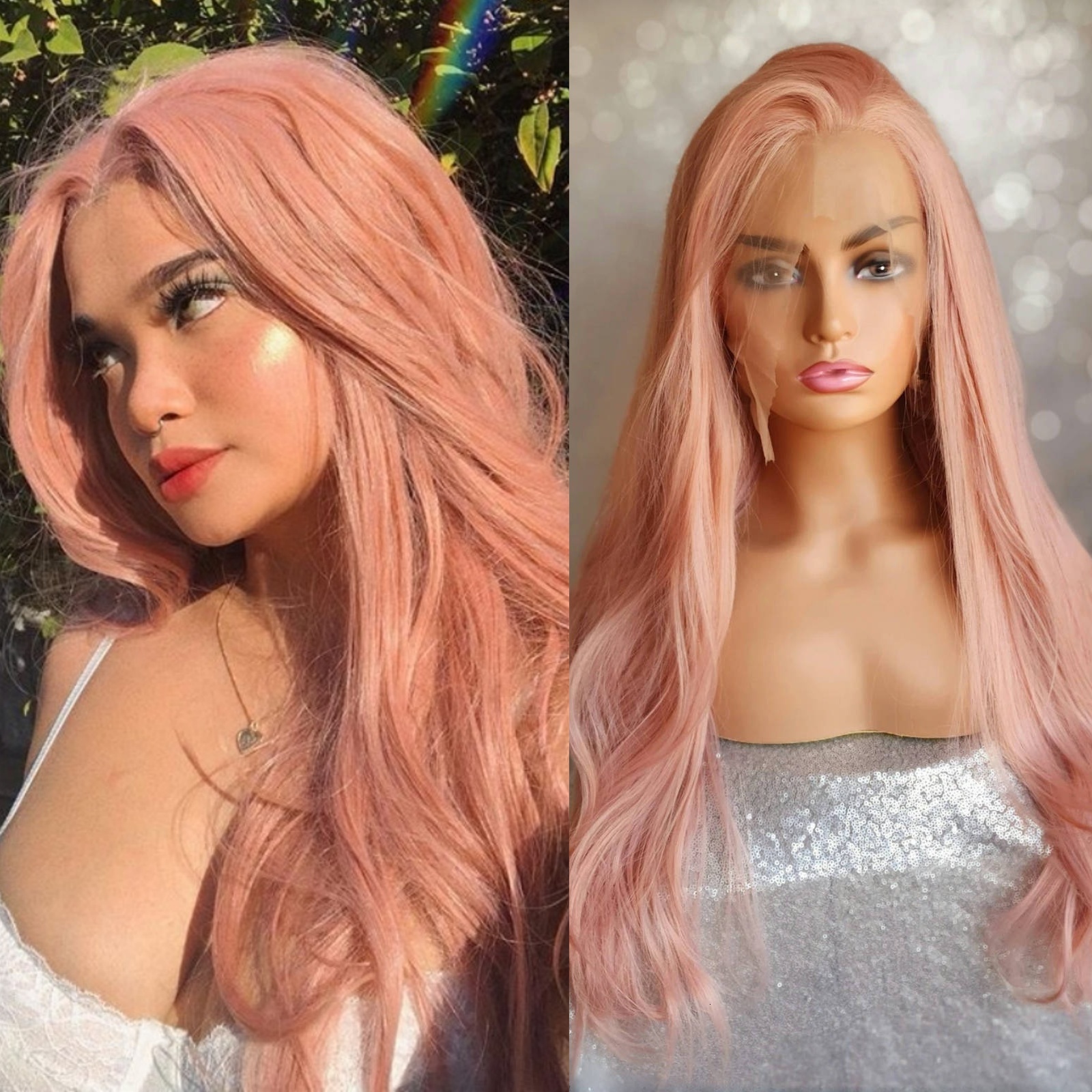 Light Natural Wavy Synthetic Wig Long Pink Hair Colored Frontal 13X4 Lace Front Wigs for Women Party Cosplay