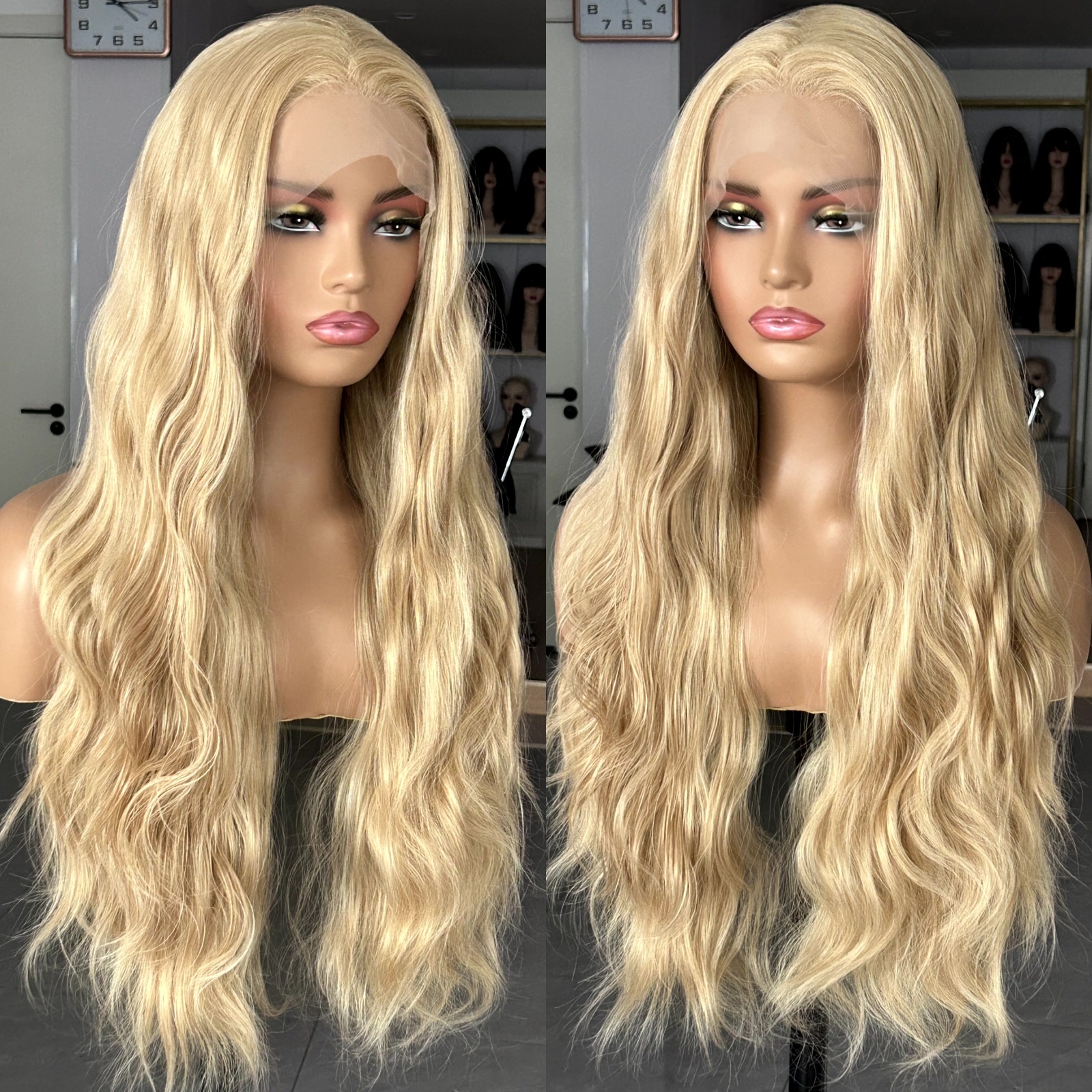 Honey Blonde Highlights Synthetic Lace Front Wig Long Curly Wavy Body Wave Hair 13X4 Frontal Wigs for Women Daily Party